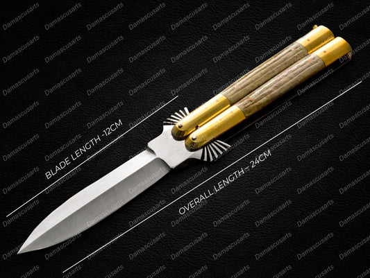 Personalized Custom Handmade 440c Stainless Steel Original Filipino Balisongs Butterfly Knife Brass with Bone Inserts with Leather Sheath