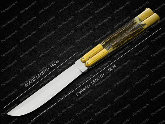 Personalized Custom Handmade Vg10 Original Filipino Balisong Butterfly Knife Brass with Visayan Philippine Deer Horn Inserts with Leather Sheath