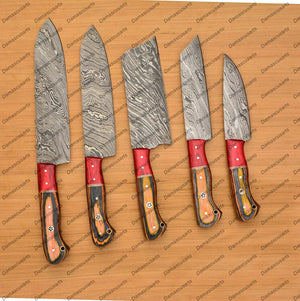 Personalized Custom Handmade Damascus Chef set Of 5pcs With Leather Cover, Kitchen Knife, Damascus Knife Set, Kitchen knives With Leather Sheath