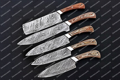 Personalized Custom Handmade Damascus Steel Chef Knives Set Chef Set Gift for Chef Kitchen Set Husband Gift Wedding Gift with Leather Sheath