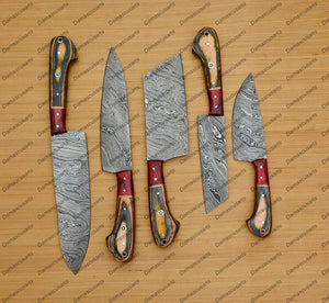 Personalized Custom Handmade Damascus Chef set Of 5pcs With Leather Cover, Kitchen Knife, Damascus Knife Set,Kitchen knives With Leather Sheath