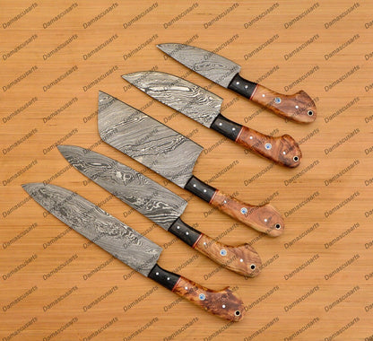 Personalized Custom Handmade Damascus Chef set Of 5pcs With Leather Cover, Kitchen Knife, Damascus Knife Set, Kitchen knives With Leather Sheath