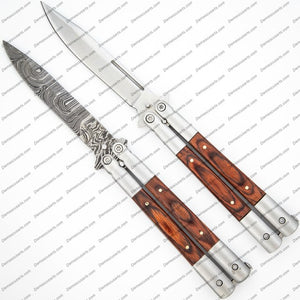 Personalized Custom Handmade Stainless Steel Clip Point Creature Comforts Butterfly Balisong Knife  World Class Knives with Leather Sheath