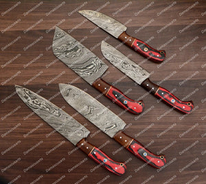 Personalized Custom Handmade Damascus Chef set Of 5pcs With Leather Cover, Kitchen Knife, Damascus Knife Set, Kitchen knives With Leather Sheath