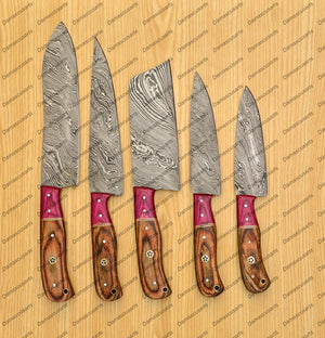 Personalized Custom Handmade Damascus Chef set Of 5pcs With Leather Cover, Kitchen Knife, Damascus Knife Set, Kitchen knives With Leather Sheath