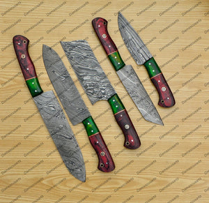 Personalized Custom Handmade Damascus Chef set Of 5pcs With Leather Cover, Kitchen Knife, Damascus Knife Set, Kitchen knives With Leather Sheath