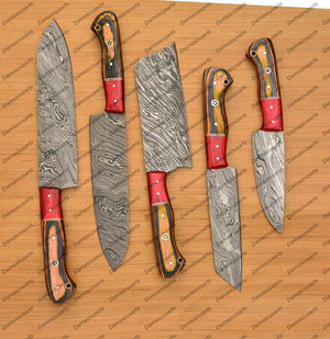 Personalized Custom Handmade Damascus Chef set Of 5pcs With Leather Cover, Kitchen Knife, Damascus Knife Set, Kitchen knives With Leather Sheath