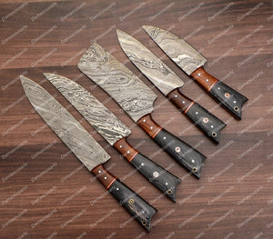 Personalized Custom Handmade Damascus Chef set Of 5pcs With Leather Cover, Kitchen Knife, Damascus Knife Set, Kitchen knives With Leather Sheath