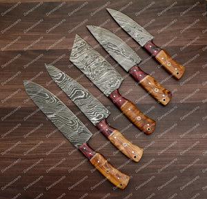 Personalized Custom Handmade Damascus Chef set Of 5pcs With Leather Cover, Kitchen Knife, Damascus Knife Set, Kitchen knives With Leather Sheath