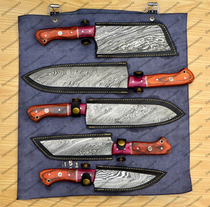 Personalized Custom Handmade Damascus Chef set Of 5pcs With Leather Cover, Kitchen Knife, Damascus Knife Set, Kitchen knives With Leather Sheath