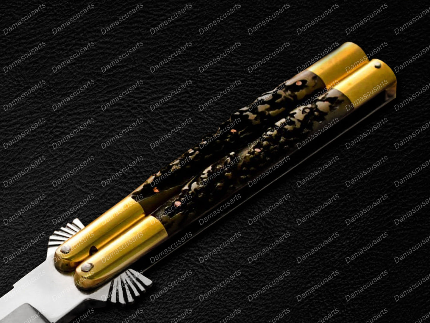 Personalized Custom Handmade 440c Stainless Steel Original Filipino Balisongs Butterfly Knife Brass with Visayan Philippine Deer Horn Inserts with Leather Sheath