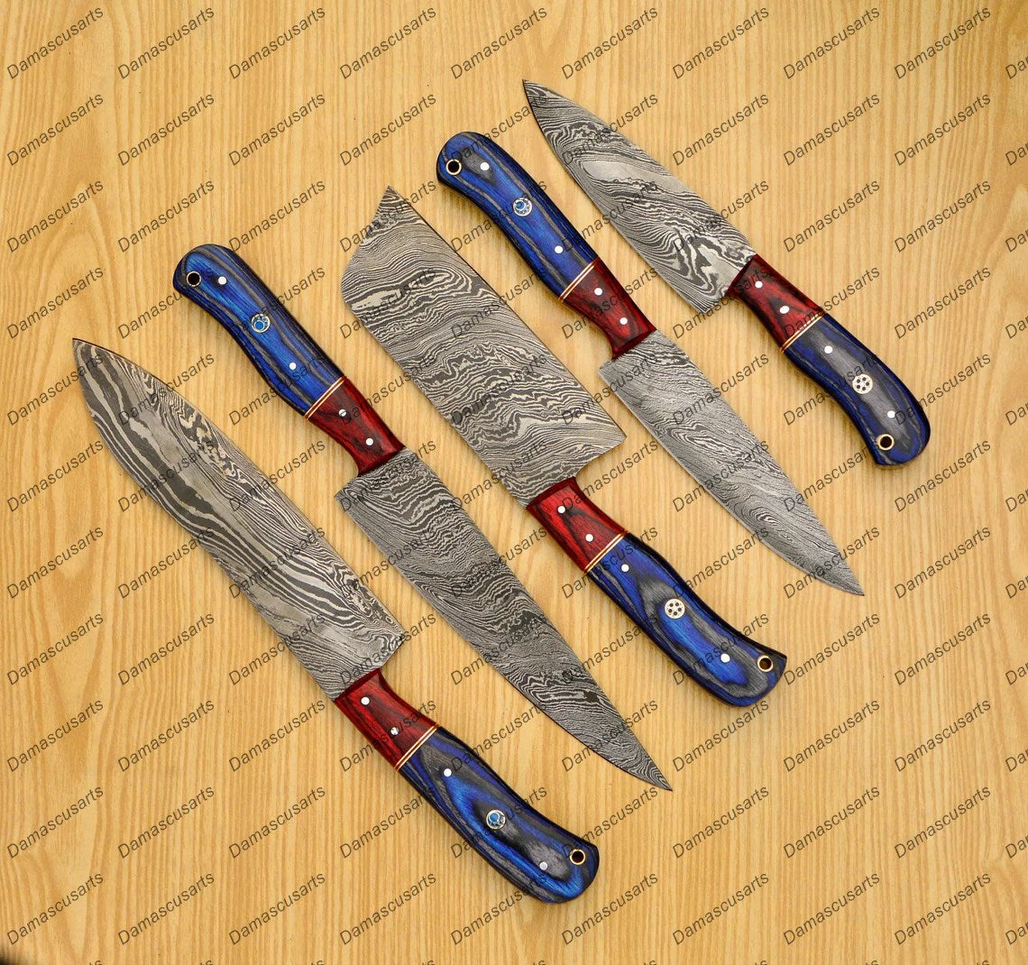 Personalized Custom Handmade Damascus Chef set Of 5pcs With Leather Cover, Kitchen Knife, Damascus Knife Set, Kitchen knives With Leather Sheath