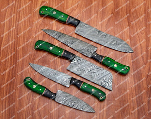 Personalized Custom Handmade Damascus Chef set Of 5pcs With Leather Cover, Kitchen Knife, Damascus Knife Set, Kitchen knives With Leather Sheath