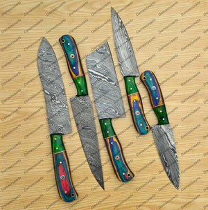 Personalized Custom Handmade Damascus Chef set Of 5pcs With Leather Cover, Kitchen Knife, Damascus Knife Set, Kitchen knives With Leather Sheath