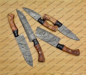 Personalized Custom Handmade Damascus Chef set Of 5pcs With Leather Cover, Kitchen Knife, Damascus Knife Set, Kitchen knives With Leather Sheath