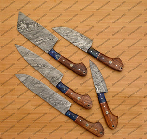 Personalized Custom Handmade Damascus Chef set Of 5pcs With Leather Cover, Kitchen Knife, Damascus Knife Set, Kitchen knives With Leather Sheath