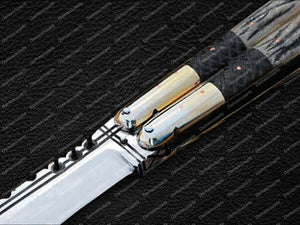 Personalized Custom Handmade D2 Tool Steel Original Filipino Balisong Butterfly Knife Brass with Carabao Horn & Jigged Bone Inserts World Class Knives with Leather Sheath