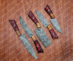 Personalized Custom Handmade Damascus Chef set Of 5pcs With Leather Cover, Kitchen Knife, Damascus Knife Set, Kitchen knives With Leather Sheath