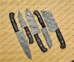 Personalized Custom Handmade Damascus Chef set Of 5pcs With Leather Cover, Kitchen Knife, Damascus Knife Set, Kitchen knives With Leather Sheath