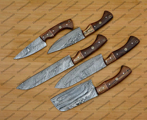 Personalized Custom Handmade Damascus Chef set Of 5pcs With Leather Cover, Kitchen Knife, Damascus Knife Set, Kitchen knives With Leather Sheath