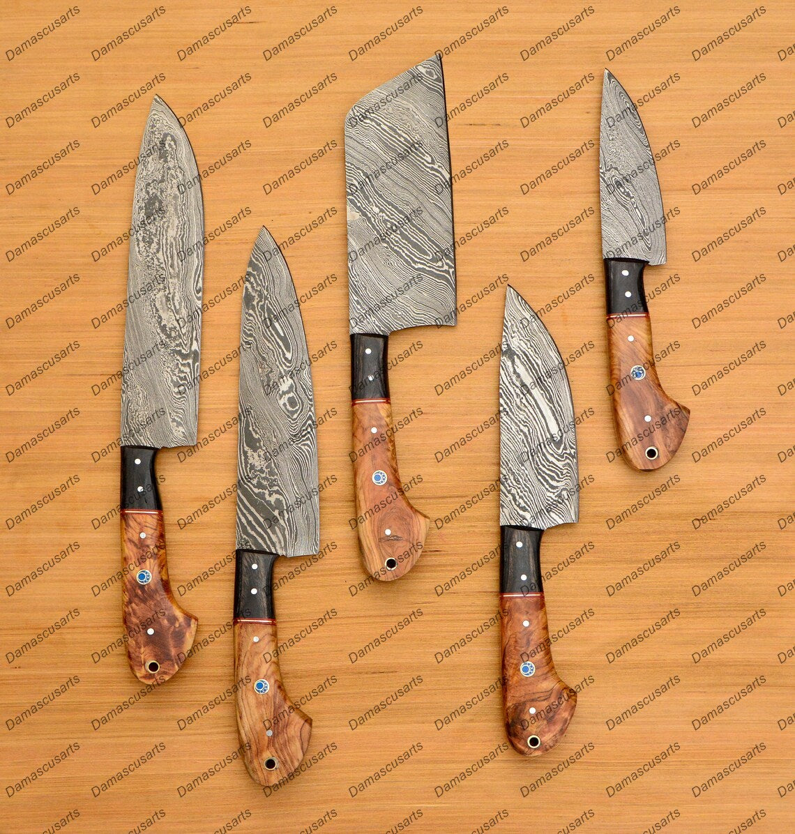 Personalized Custom Handmade Damascus Chef set Of 5pcs With Leather Cover, Kitchen Knife, Damascus Knife Set, Kitchen knives With Leather Sheath