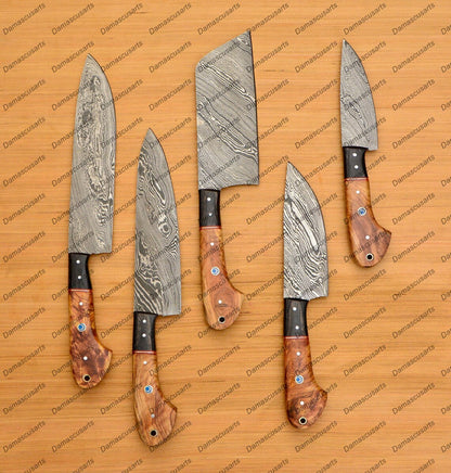 Personalized Custom Handmade Damascus Chef set Of 5pcs With Leather Cover, Kitchen Knife, Damascus Knife Set, Kitchen knives With Leather Sheath