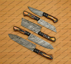 Personalized Custom Handmade Damascus Chef set Of 5pcs With Leather Cover, Kitchen Knife, Damascus Knife Set, Kitchen knives With Leather Sheath