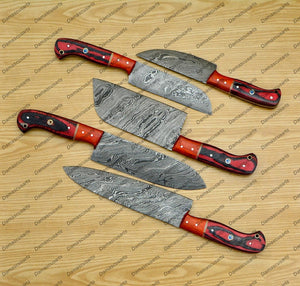 Personalized Custom Handmade Damascus Chef set Of 5pcs With Leather Cover, Kitchen Knife, Damascus Knife Set, Kitchen knives With Leather Sheath