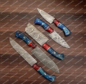 Personalized Custom Handmade Damascus Chef set Of 5pcs With Leather Cover, Kitchen Knife, Damascus Knife Set, Kitchen knives With Leather Sheath