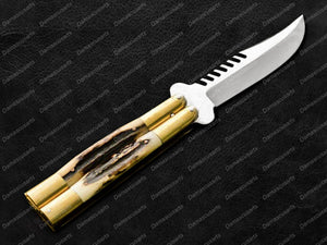 Personalized Custom Handmade 440c Stainless Steel Original Filipino Balisong Butterfly Knife Brass with Philippine Deer Horn Inserts  with Leather Sheath