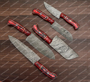 Personalized Custom Handmade Damascus Chef set Of 5pcs With Leather Cover, Kitchen Knife, Damascus Knife Set, Kitchen knives With Leather Sheath