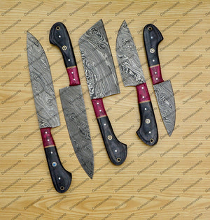 Personalized Custom Handmade Damascus Chef set Of 5pcs With Leather Cover, Kitchen Knife, Damascus Knife Set, Kitchen knives With Leather Sheath