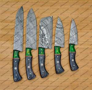 Personalized Custom Handmade Damascus Chef set Of 5pcs With Leather Cover, Kitchen Knife, Damascus Knife Set, Kitchen knives With Leather Sheath