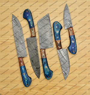 Personalized Custom Handmade Damascus Chef set Of 5pcs With Leather Cover, Kitchen Knife, Damascus Knife Set, Kitchen knives With Leather Sheath