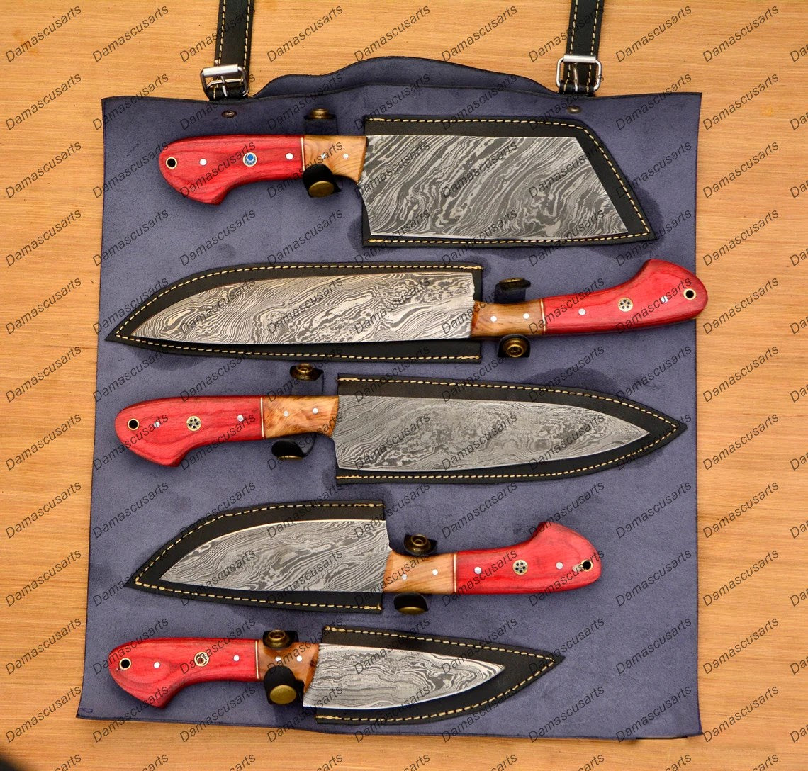 Personalized Custom Handmade Damascus Chef set Of 5pcs With Leather Cover, Kitchen Knife, Damascus Knife Set, Kitchen knives With Leather Sheath