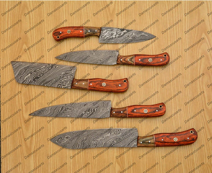 Personalized Custom Handmade Damascus Chef set Of 5pcs With Leather Cover, Kitchen Knife, Damascus Knife Set, Kitchen knives With Leather Sheath