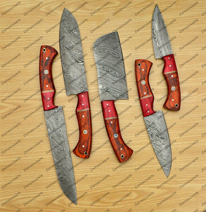 Personalized Custom Handmade Damascus Chef set Of 5pcs With Leather Cover, Kitchen Knife, Damascus Knife Set, Kitchen knives With Leather Sheath