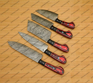 Personalized Custom Handmade Damascus Chef set Of 5pcs With Leather Cover, Kitchen Knife, Damascus Knife Set, Kitchen knives With Leather Sheath