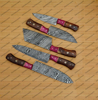 Personalized Custom Handmade Damascus Chef set Of 5pcs With Leather Cover, Kitchen Knife, Damascus Knife Set, Kitchen knives With Leather Sheath