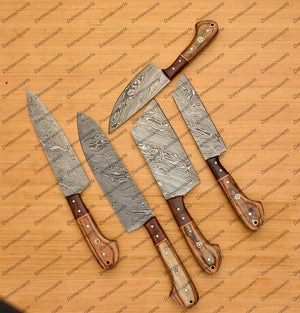 Personalized Custom Handmade Damascus Chef set Of 5pcs With Leather Cover, Kitchen Knife, Damascus Knife Set, Kitchen knives With Leather Sheath