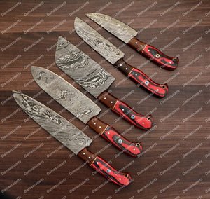 Personalized Custom Handmade Damascus Chef set Of 5pcs With Leather Cover, Kitchen Knife, Damascus Knife Set, Kitchen knives With Leather Sheath