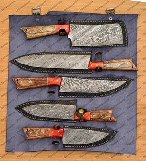 Personalized Custom Handmade Damascus Chef set Of 5pcs With Leather Cover, Kitchen Knife, Damascus Knife Set, Kitchen knives With Leather Sheath