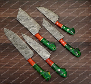 Personalized Custom Handmade Damascus Chef set Of 5pcs With Leather Cover, Kitchen Knife, Damascus Knife Set,Kitchen knives With Leather Sheath