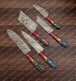 Personalized Custom Handmade Damascus Chef set Of 5pcs With Leather Cover, Kitchen Knife, Damascus Knife Set, Kitchen knives With Leather Sheath