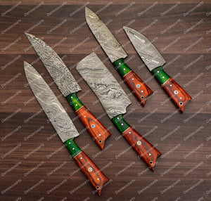 Personalized Custom Handmade Damascus Chef set Of 5pcs With Leather Cover, Kitchen Knife, Damascus Knife Set, Kitchen knives With Leather Sheath