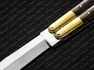 Personalized Custom Handmade Original Filipino Balisong Butterfly Knife Brass with Kamagong Wood Inserts with Leather Sheath