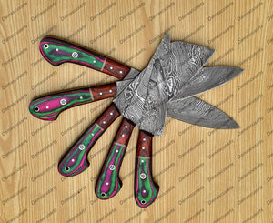 Personalized Custom Handmade Damascus Chef set Of 5pcs With Leather Cover, Kitchen Knife, Damascus Knife Set, Kitchen knives With Leather Sheath