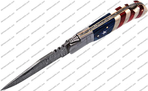 American Flag Custom Handmade Damascus Steel Blade Pattern Welded Camping Hunting Pocket Folding Survival Knife with Genuine Leather Sheath