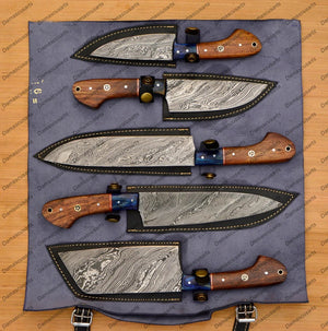 Personalized Custom Handmade Damascus Chef set Of 5pcs With Leather Cover, Kitchen Knife, Damascus Knife Set, Kitchen knives With Leather Sheath