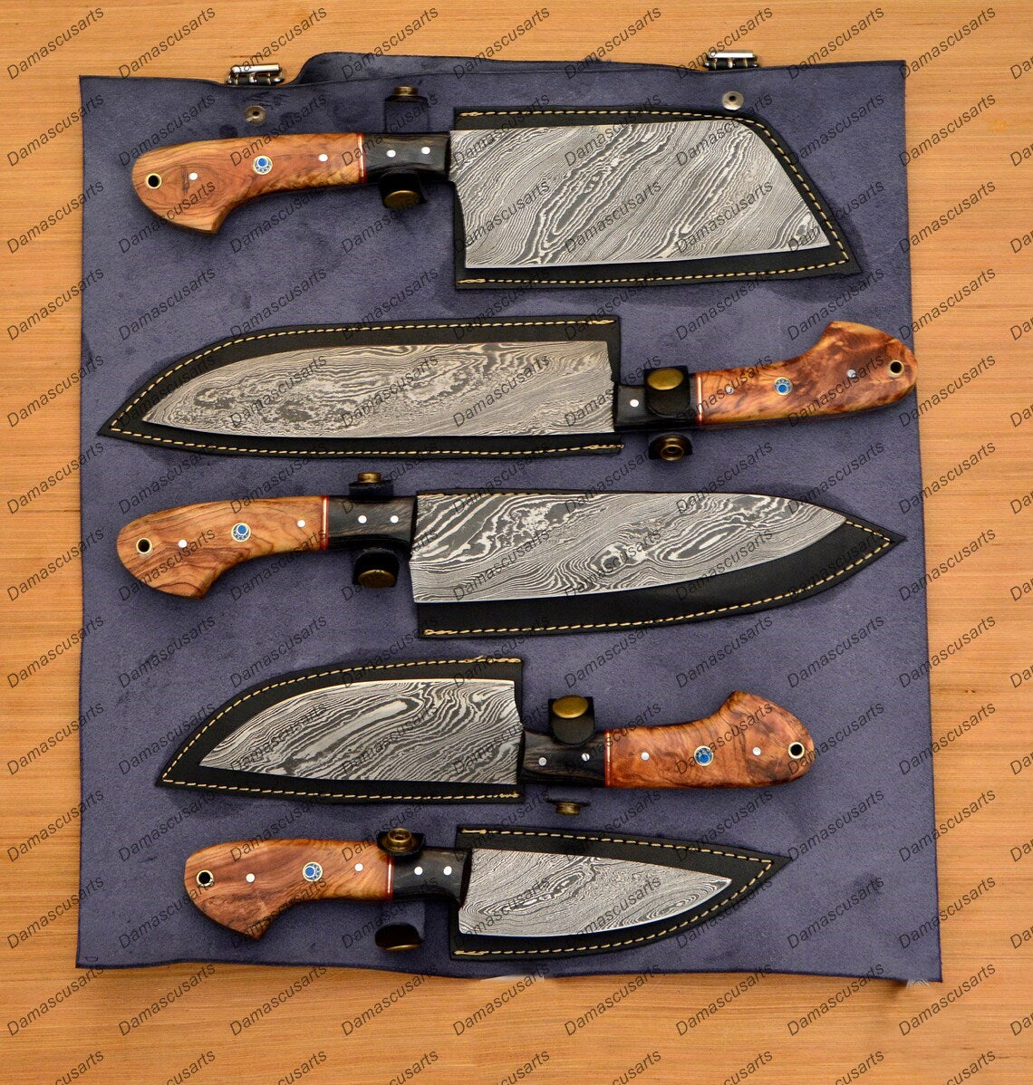 Personalized Custom Handmade Damascus Chef set Of 5pcs With Leather Cover, Kitchen Knife, Damascus Knife Set, Kitchen knives With Leather Sheath